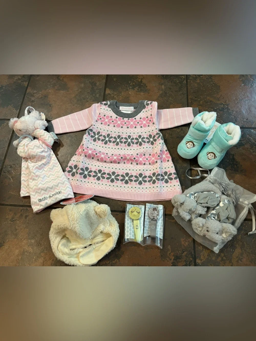 🧺Bonnie Baby Pink, Gray and Mint Floral Knit Dress Set bundle